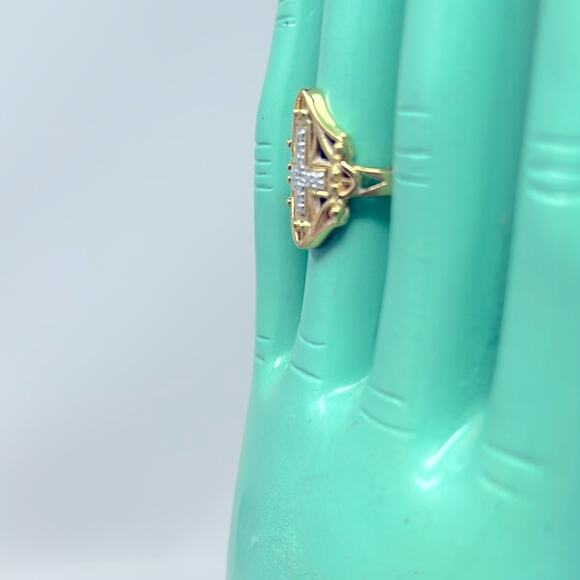 Thailand Gold Over Sterling Silver Clear Crystal Cross Ring Size 6 - Picture 3 of 4